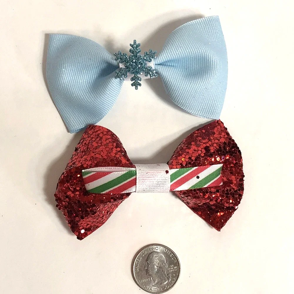 Winter Hair Clip Barrette Lot Ribbon Bow Knot New Coquette Glitter Red Blue